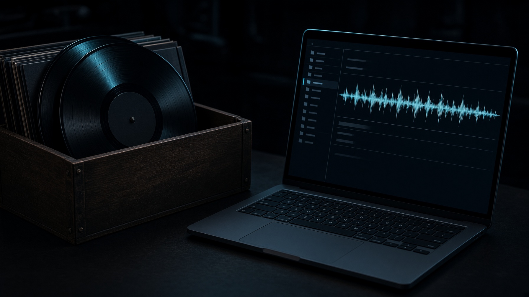 DJ crate and waveform on a laptop